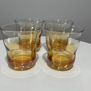 Mid-century Amber Old Fashioned Rocks Glasses Wavy style Set of 4 Barware